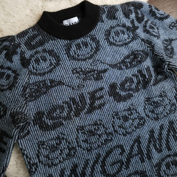 Ganni Smiley Logo Intarsia Wool Knit Puff Sleeve Jumper Sweater - Picture 5 of 12